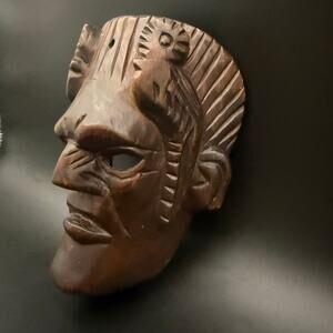 Vintage Mayan Chief Tribal Carved Wood Mask Folk Art Man Face Parrot Birds Wall